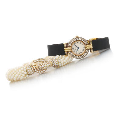 View full screen - View 1 of Lot 195. Cultured pearl and diamond bracelet and a wristwatch | Bracciale in perle coltivate e diamanti e orologio.