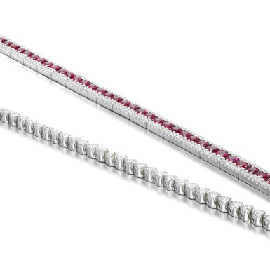 View full screen - View 1 of Lot 190. Ruby and diamond bracelet and diamond bracelet.