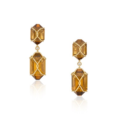 View full screen - View 1 of Lot 339. Pair of Smoky Quartz and Diamond Pendant-Earclips.