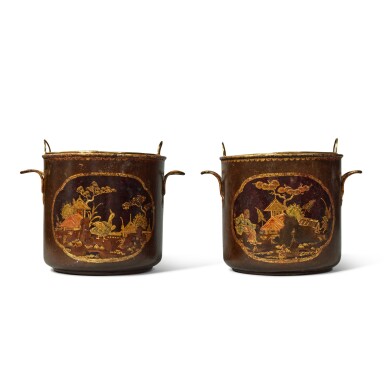 View full screen - View 1 of Lot 169. A Pair of Louis XV Gilt and Polychrome Japanned Tôle Two-Handled Cache-Pots, Circa 1750.