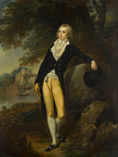View full screen - View 1 of Lot 505. Portrait of a gentleman, traditionally called Robert Linney (d. 1809), in a landscape with an Indian temple in the background.