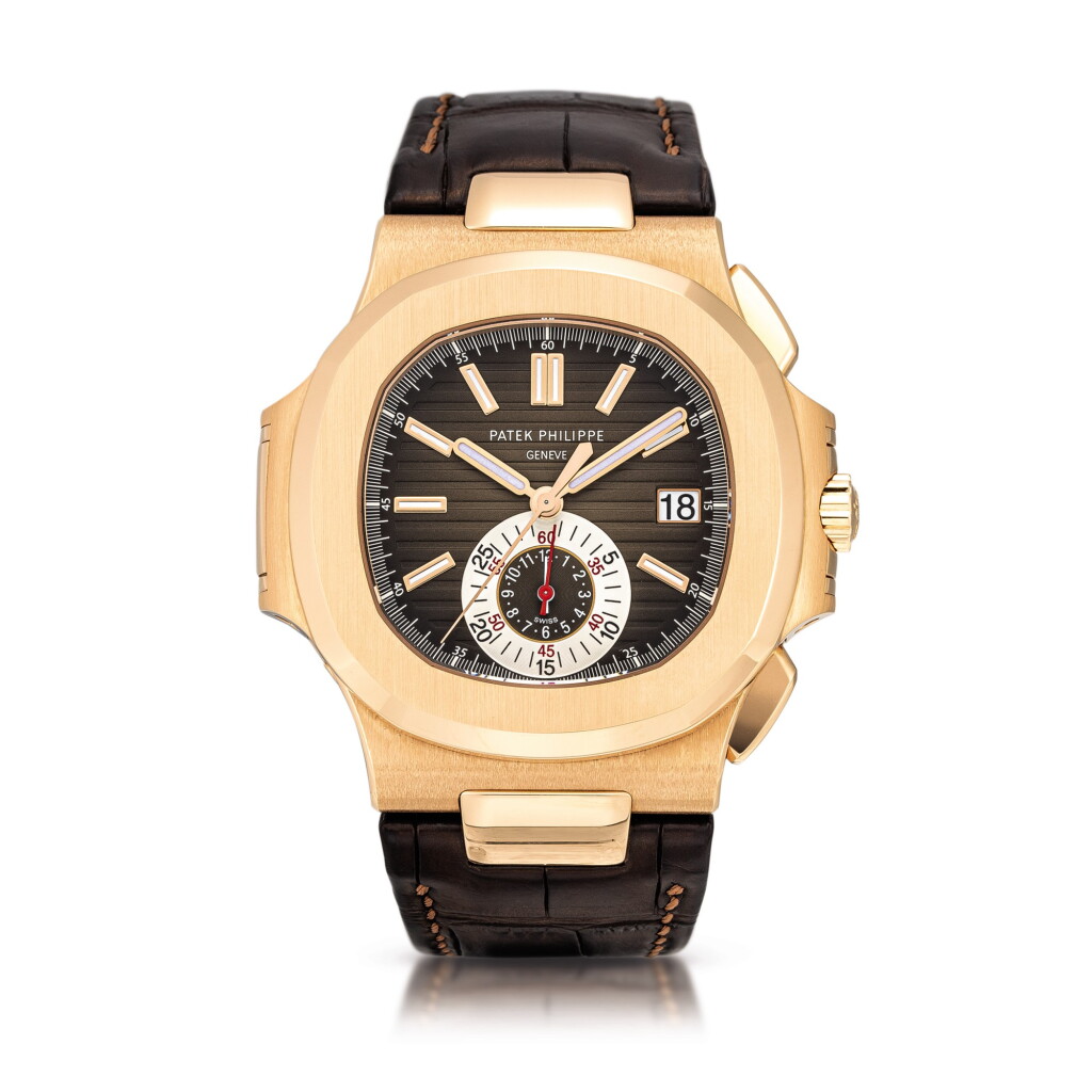 View full screen - View 1 of Lot 2077. Patek Philippe | Nautilus, Reference 5980, A pink gold flyback chronograph wristwatch with date, Circa 2019 | 百達翡麗 | Nautilus 型號5980 粉紅金飛返計時腕錶,備日期顯示,約2019年製.
