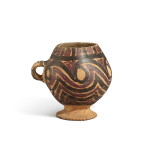 A painted globular footed cup, Majiayao culture, Majiayao to Banshan phase, c. 3100-2300 B.C. 馬家窰文化 馬家窰至半山類型 連續紋彩陶高足盃