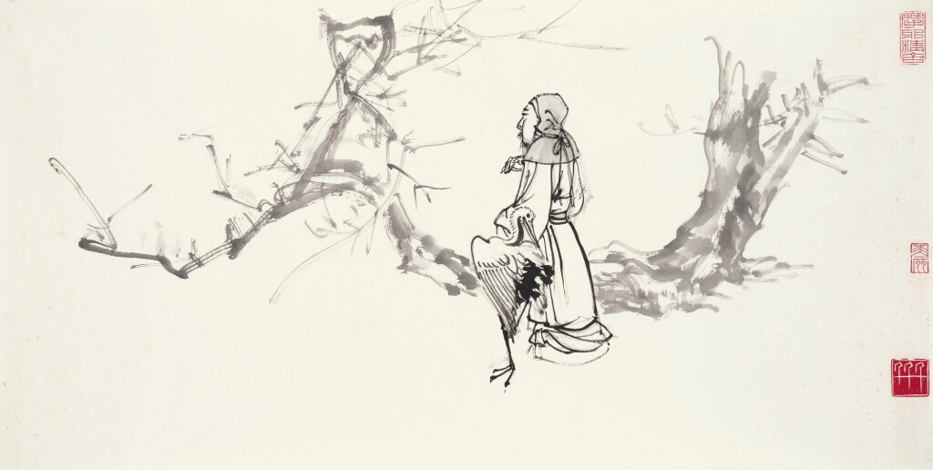View full screen - View 1 of Lot 555. 張大千 倚松伴鶴圖 | Chang Dai-chien (Zhang Daqian), Scholar and Crane.