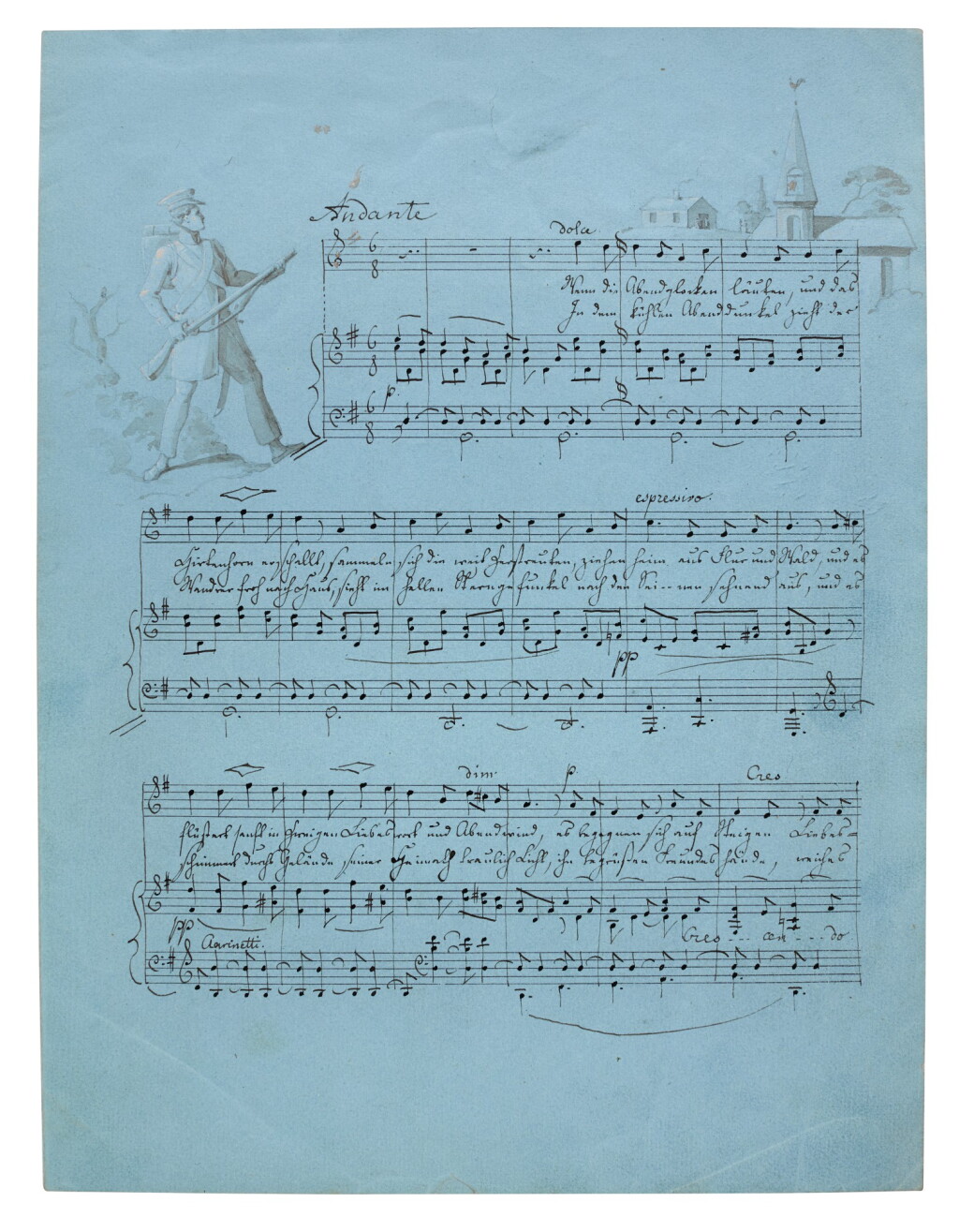View full screen - View 1 of Lot 57. F. Mendelssohn. Fine illustrated autograph manuscript of the song "Wenn die Abendglocken läuten", 1830.