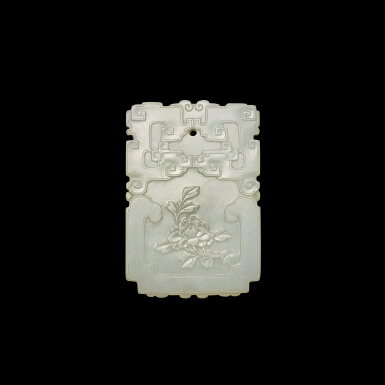 View full screen - View 1 of Lot 3710. An inscribed white jade 'peony' plaque, Qing dynasty, 18th century | 清十八世紀 白玉玉堂富貴牌.