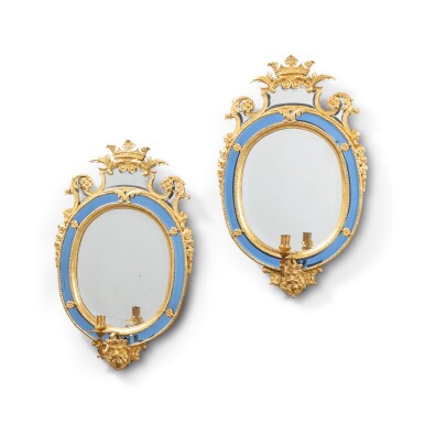 View full screen - View 1 of Lot 404. A pair of Swedish gilt-lead and blue glass girandole mirrors, 18th century, attributed to Burchard Precht.