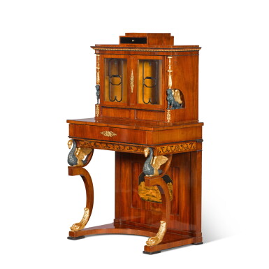 View full screen - View 1 of Lot 40. An Austrian mahogany, parcel-gilt and painted writing cabinet, Vienna, circa 1800.