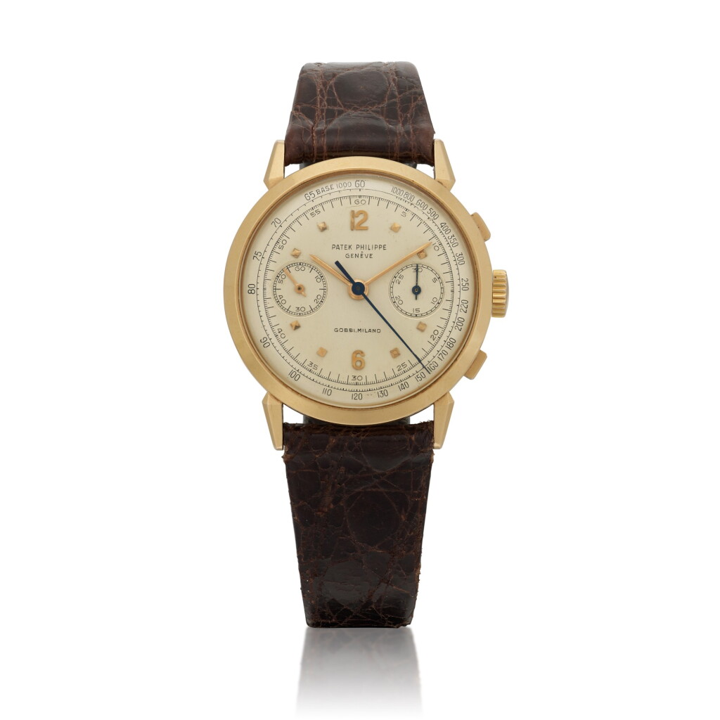 View full screen - View 1 of Lot 79. Retailed by Gobbi, Milano: 'Spider Lugs', Ref. 1579, Pink gold chronograph wristwatch Circa 1956 | 百達翡麗 | 零售商為米蘭Gobbi:1579型號「Spider Lugs」粉紅金計時腕錶,約1956年製.