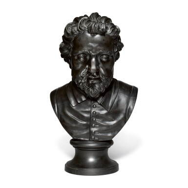 View full screen - View 1 of Lot 99. A WEDGWOOD AND BENTLEY LARGE BLACK BASALT BUST OFTHE POET AND PLAYWRIGHT BEN JOHNSON LATE 18TH CENTURY .
