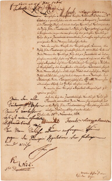 View full screen - View 1 of Lot 57. Frederick II, King of Prussia | Document signed, confirming a decision on a case of fraud, 1768.