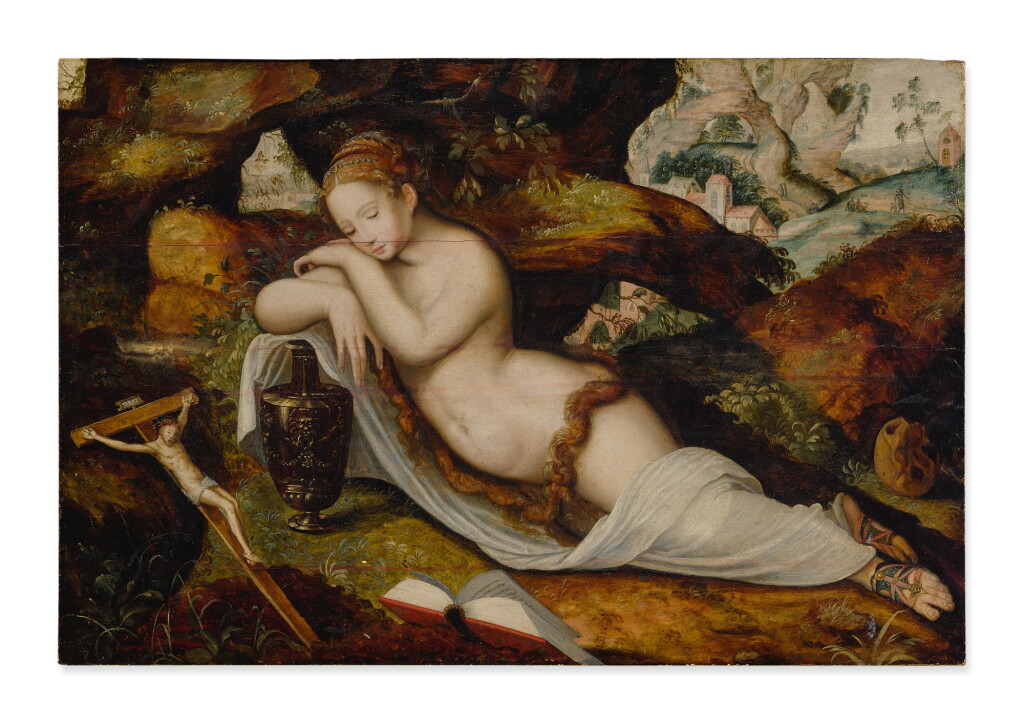 View full screen - View 1 of Lot 33. MASTER OF THE PRODIGAL SON | MARY MAGDALENE SLEEPING IN A GROTTO, A HILLY LANDSCAPE BEYOND.