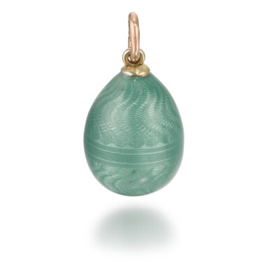 View full screen - View 1 of Lot 109. A gold and guilloché enamel egg pendant, workmaster Andrei Adler, St Petersburg, circa 1900.