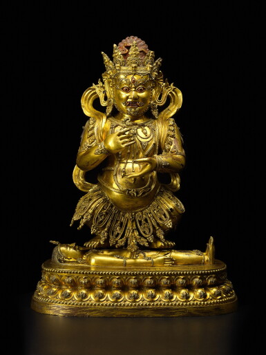 View full screen - View 1 of Lot 3815. A monumental gilt-bronze figure of Panjarnata Mahakala, Mark and period of Xuande | 明宣德 鎏金銅寶帳大黑天立像 《大明宣德年施 》款.