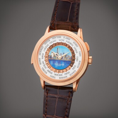 View full screen - View 1 of Lot 135. Reference 5531R-010 World Time Minute Repeater | An impressive and rare pink gold minute repeating world time wristwatch with miniature cloisonné enamel dial depicting the Manhattan Skyline by Day, made to commemorate The Art of Watches Grand Exhibition in New York, Circa 2017.