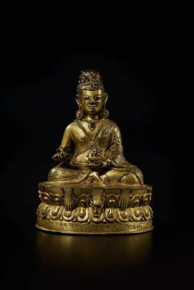 View full screen - View 1 of Lot 819. A silver-inlaid gilt-bronze figure of King Kunzang Nyida Drakpa, Tibet, 16th century.