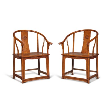 View full screen - View 1 of Lot 47. A pair of 'huanghuali' horseshoe-back armchairs (Quanyi), 17th / 18th century.
