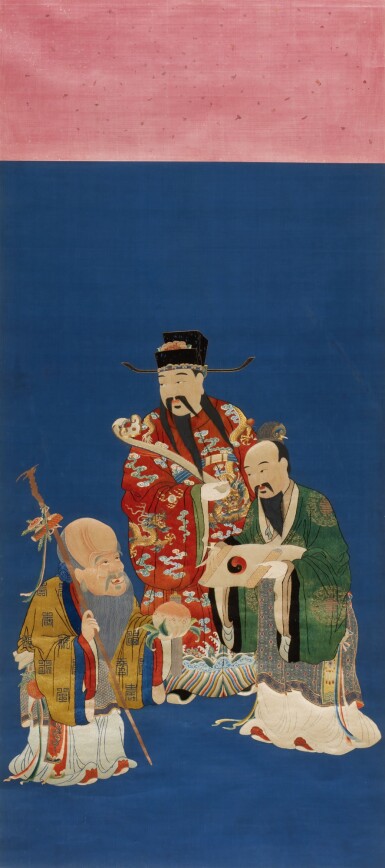 View full screen - View 1 of Lot 639. A blue-ground silk embroidered 'Three Star Gods' panel, Qing dynasty, 18th century | 清十八世紀 藍地繡三星報喜圖.