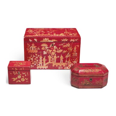 View full screen - View 1 of Lot 444. A CHINESE EXPORT RED LACQUER TEA CADDY, ALONG WITH TWO ENGLISH RED JAPANNED TEA CADDIES, 19TH CENTURY.