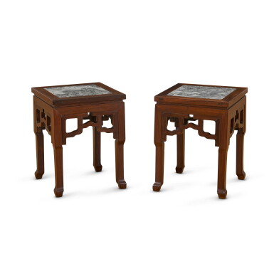 View full screen - View 1 of Lot 2022. A pair of marble-inset hardwood stools 硬木嵌雲石方凳一對.