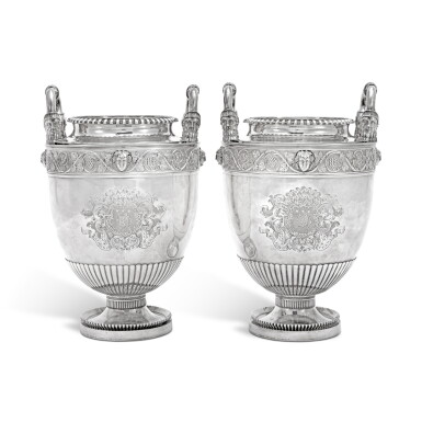 View full screen - View 1 of Lot 177. A Pair of George III Silver Wine Coolers Digby Scott & Benjamin Smith, London, for Rundell, Bridge & Rundell, 1805.