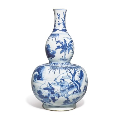 View full screen - View 1 of Lot 783. A BLUE AND WHITE 'FIGURAL' DOUBLE-GOURD VASE, TRANSITIONAL PERIOD, CIRCA 1640.