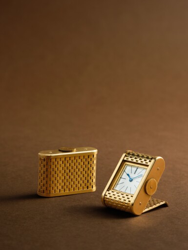View full screen - View 1 of Lot 2257. New York retailed | A rare, small and unusual yellow gold purse watch with sliding strut-cover, Circa 1960.