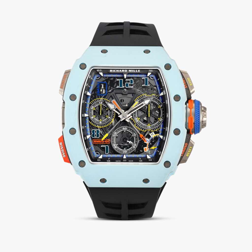 View full screen - View 1 of Lot 2415. Reference RM65-01 FQ | A blue quartz TPT semi-skeletonised split-seconds chronograph wristwatch with rapid winding mechanism and date, Circa 2024.