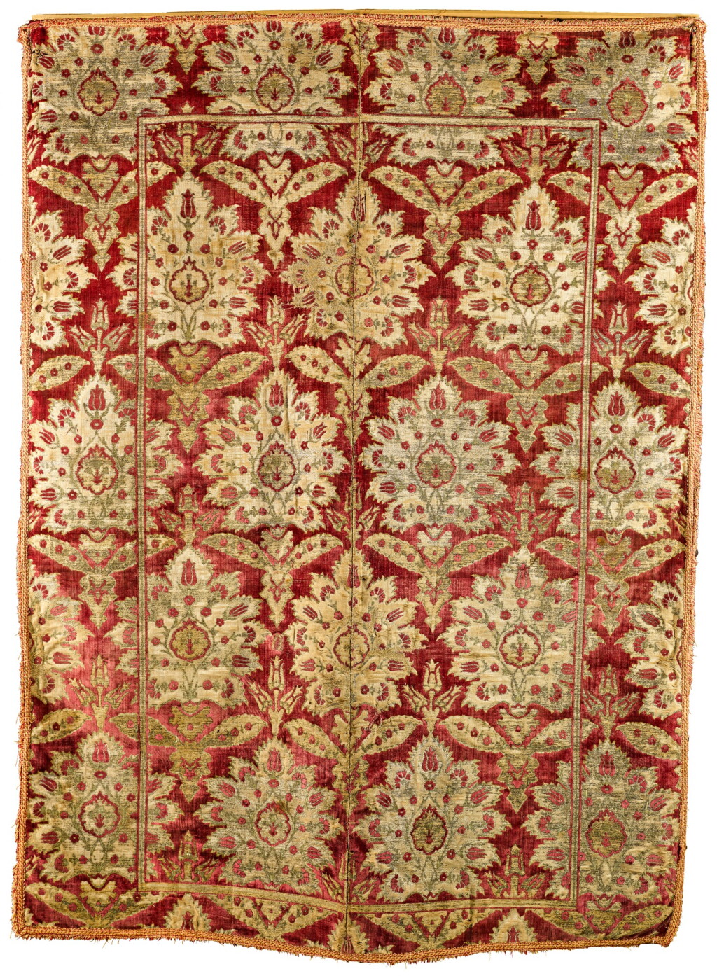 View full screen - View 1 of Lot 112. An Ottoman silk velvet and metal thread panel with serrated palmettes, probably Bursa, Turkey, 17th century.