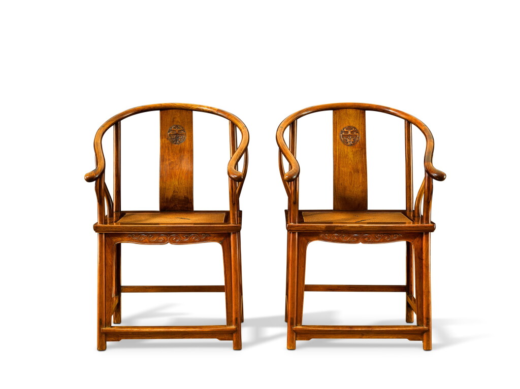 View full screen - View 1 of Lot 3678. A pair of huanghuali horseshoe-back armchairs, quanyi, Ming dynasty, 17th century | 明十七世紀 黃花梨圈椅一對.