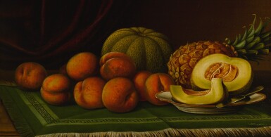 View full screen - View 1 of Lot 9. LEVI WELLS PRENTICE | STILL LIFE OF PEACHES, CANTALOUPE AND PINEAPPLE.