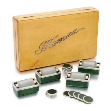 View full screen - View 1 of Lot 71. A RARE FABERGÉ SILVER-MOUNTED NEPHRITE GAMING SET, WORKMASTER ANDERS (ANTTI) NEVALAINEN, ST PETERSBURG, 1899-1903.