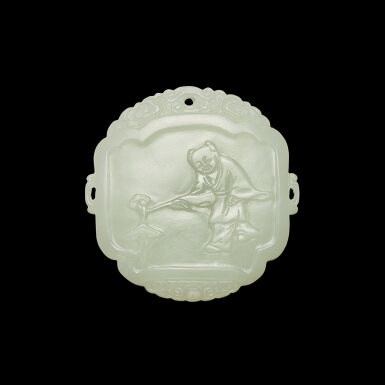 View full screen - View 1 of Lot 3713. An inscribed white jade 'boy' plaque, Qing dynasty, 18th century | 清十八世紀 白玉持磬童子牌.