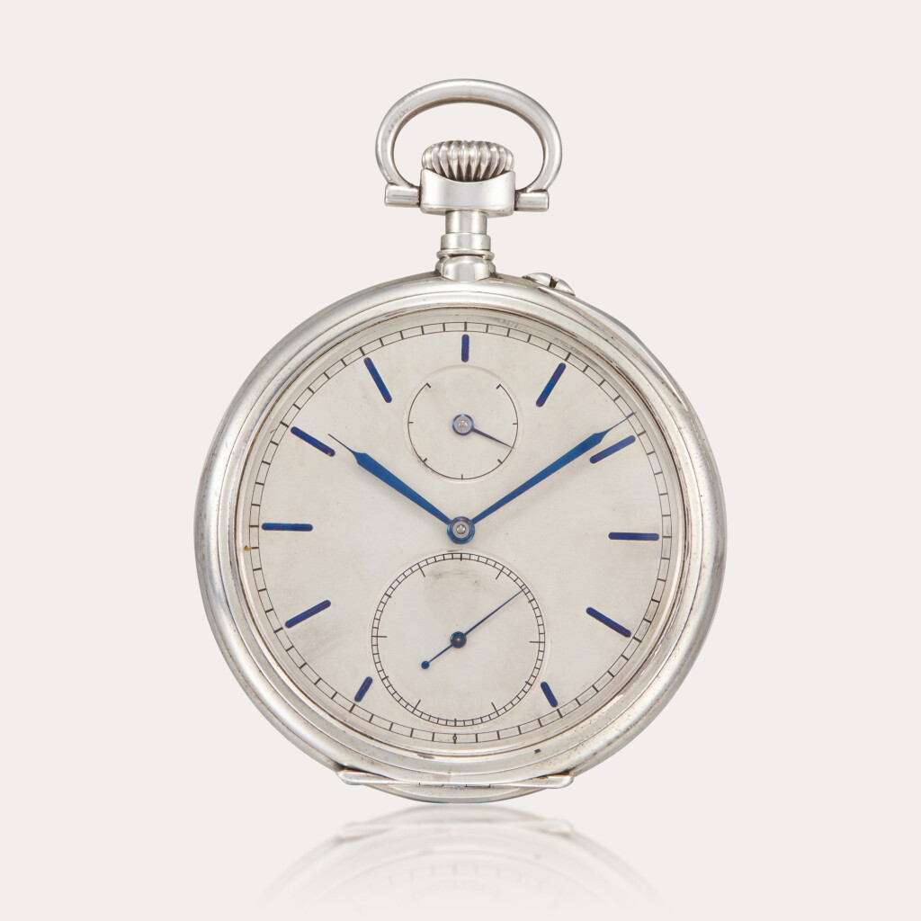 View full screen - View 1 of Lot 117. A very fine silver open-faced keyless double barrel one-minute flying tourbillon watch with spring detent escapement and up-and-down indication | Circa 1934 | No. 3834.
