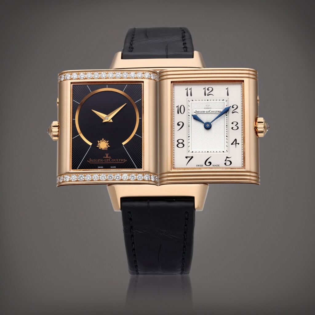Voir en plein écran - Voir 1 du lot 121. Reference 269.2.54 Reverso Duetto Duo | A pink gold and diamond-set rectangular dual time wristwatch with Day/Night indication, Circa 2010.