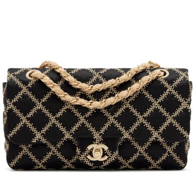 View full screen - View 1 of Lot 8. Black Quilted Satin and Natural Hemp Single Flap Brushed Gold Hardware, 2009-2010.