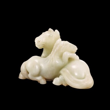 View full screen - View 1 of Lot 118. A white jade 'horse' group, Qing dynasty | 清 白玉雙馬.