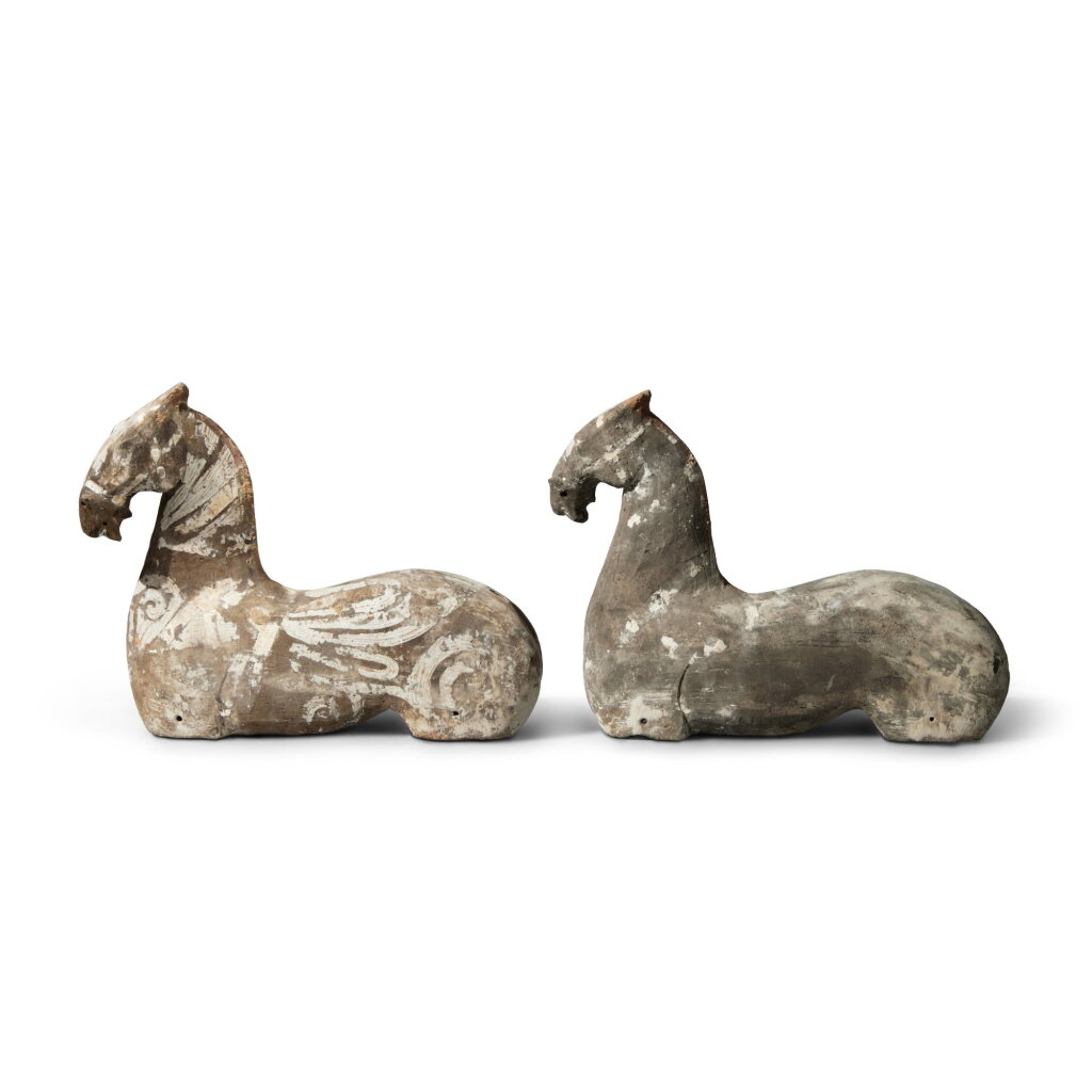 View full screen - View 1 of Lot 714. A pair of painted gray pottery horse torsos, Han dynasty | 漢 灰陶加彩馬一對.