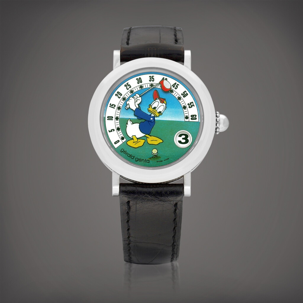View full screen - View 1 of Lot 8644. Retro Fantasy Donald Duck, Reference G3632 | A stainless steel jumping hours wristwatch with retrograde minutes and mother-of-pearl dial, Circa 2000 | Retro Fantasy Donald Duck 型號G3632 | 精鋼跳時腕錶,備逆跳分鐘及珠母貝錶盤,約2000年製.