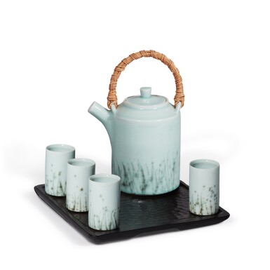 View full screen - View 1 of Lot 772. Teapot with Woven Handle and Four Cups.