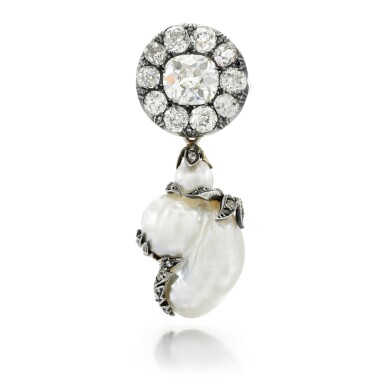 View full screen - View 1 of Lot 64. BLISTER PEARL AND DIAMOND BROOCH.