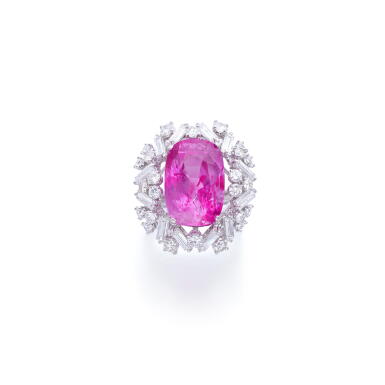 View full screen - View 1 of Lot 852. Pink sapphire and diamond ring.