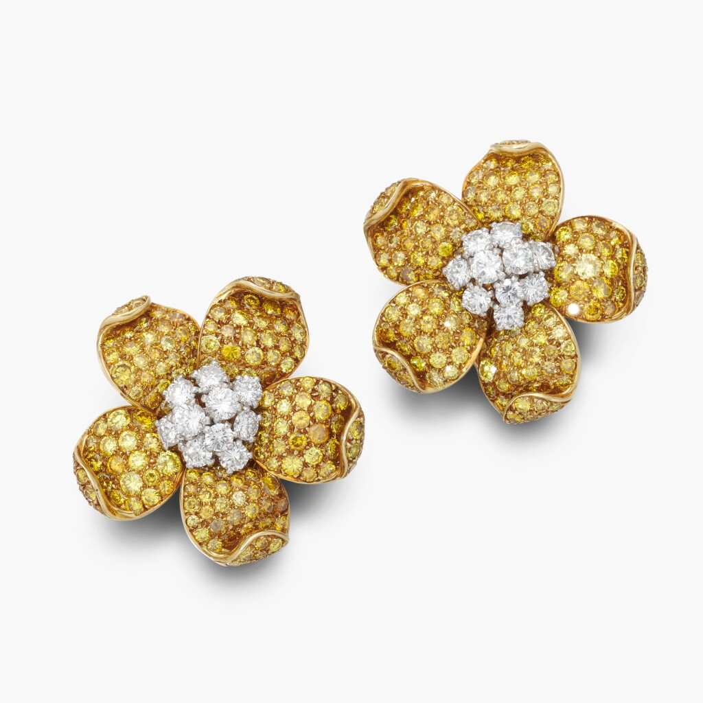 View full screen - View 1 of Lot 576. Pair of Coloured Diamond and Diamond Earclips.