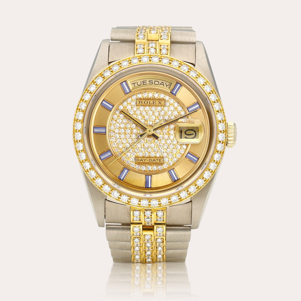 View full screen - View 1 of Lot 2103. Day-Date, Reference 18349 A two-colour gold and diamond-set wristwatch with day, date and bracelet, Circa 1989 | 勞力士 | DAY-DATE 型號18349 | 雙色金鑲鑽石鏈帶腕錶,備日期及星期顯示,約1989年製.