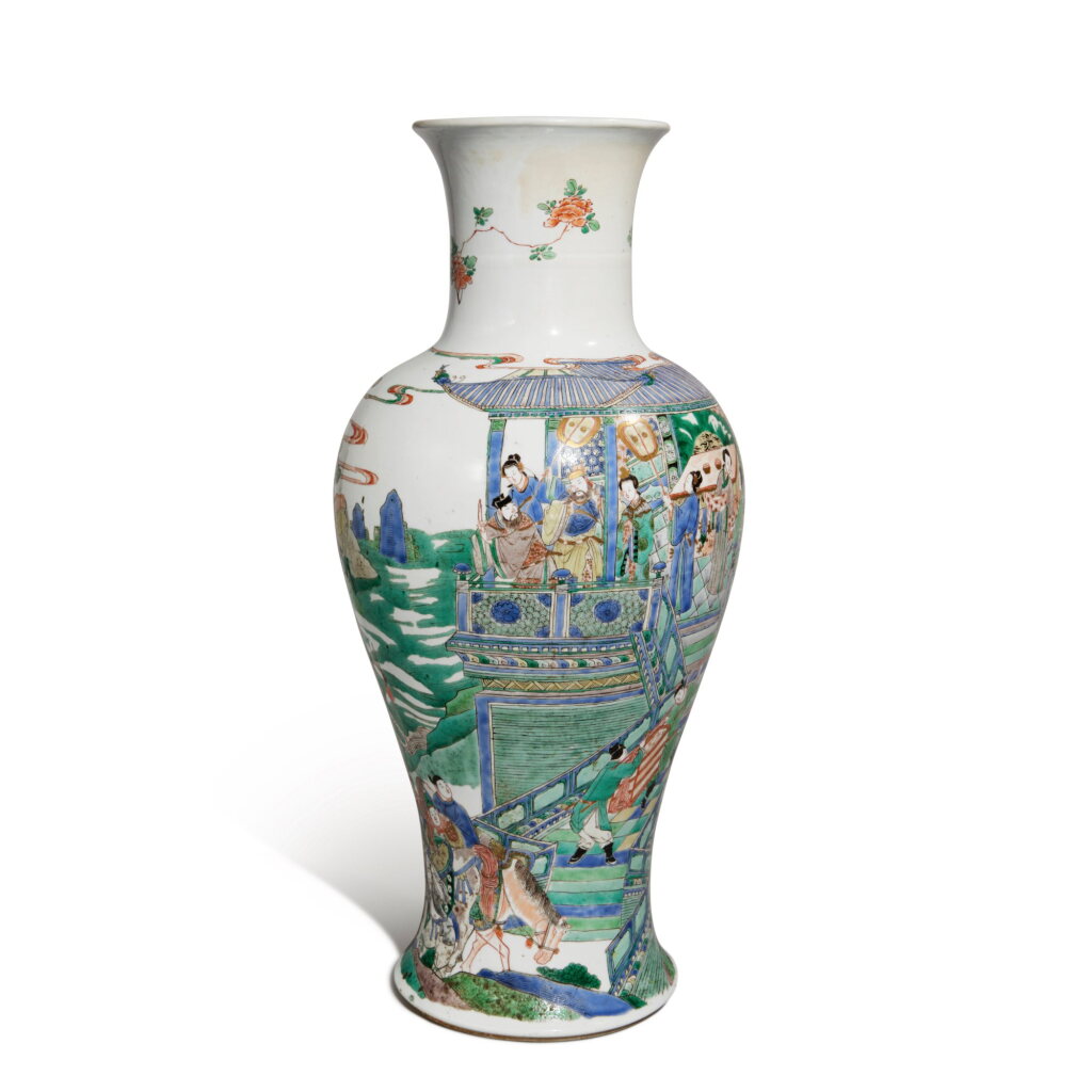 View full screen - View 1 of Lot 403. A famille-verte 'figural' baluster vase, Qing dynasty, Kangxi period | 清康熙 五彩人物故事圖瓶.