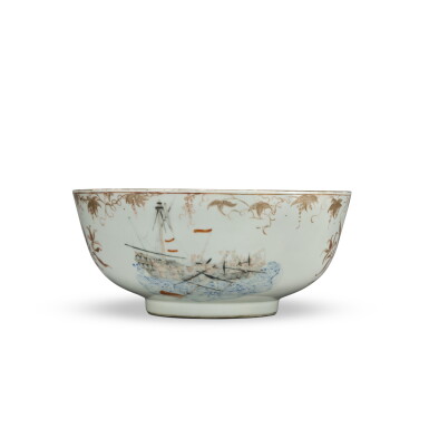 View full screen - View 1 of Lot 239. A Rare Chinese Export Famille-Rose Documentary 'The Haeslingfield in Distress' Punch Bowl, Qing Dynasty, Qianlong Period, Circa 1745 | 清乾隆 約1745年 粉彩帆船圖盌.