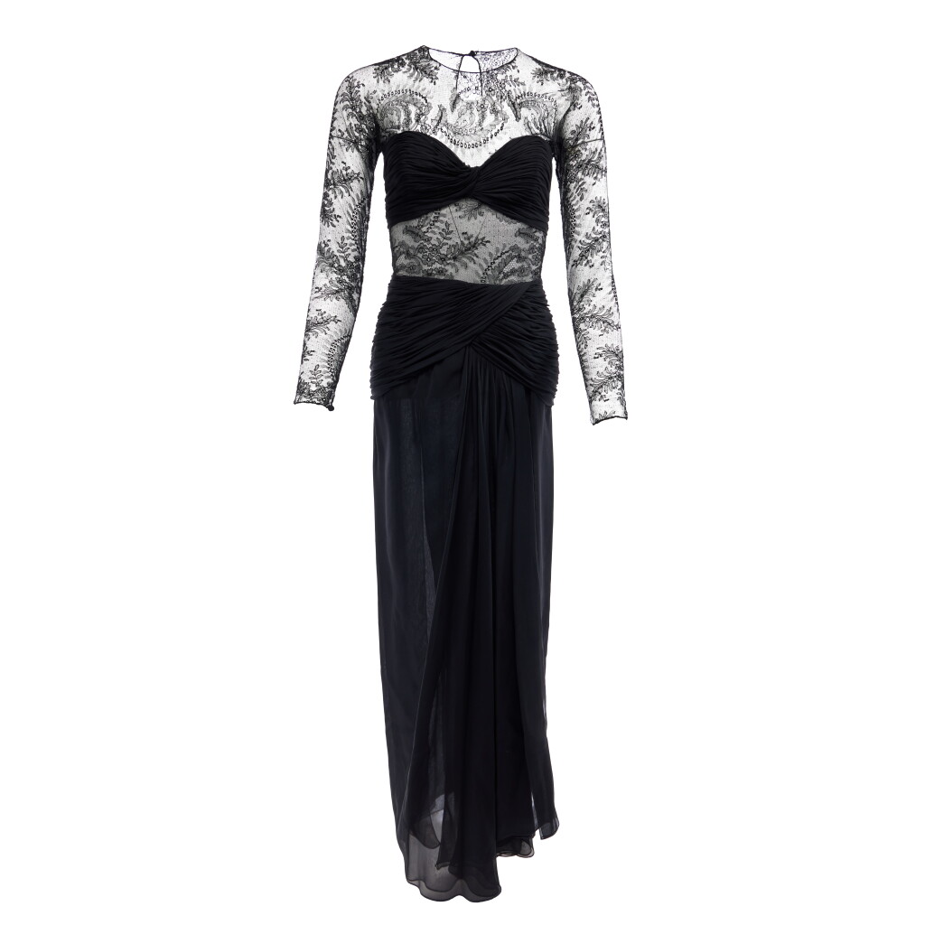 View full screen - View 1 of Lot 9. Black Chiffon and Chantilly Lace Evening Gown, 1990s.