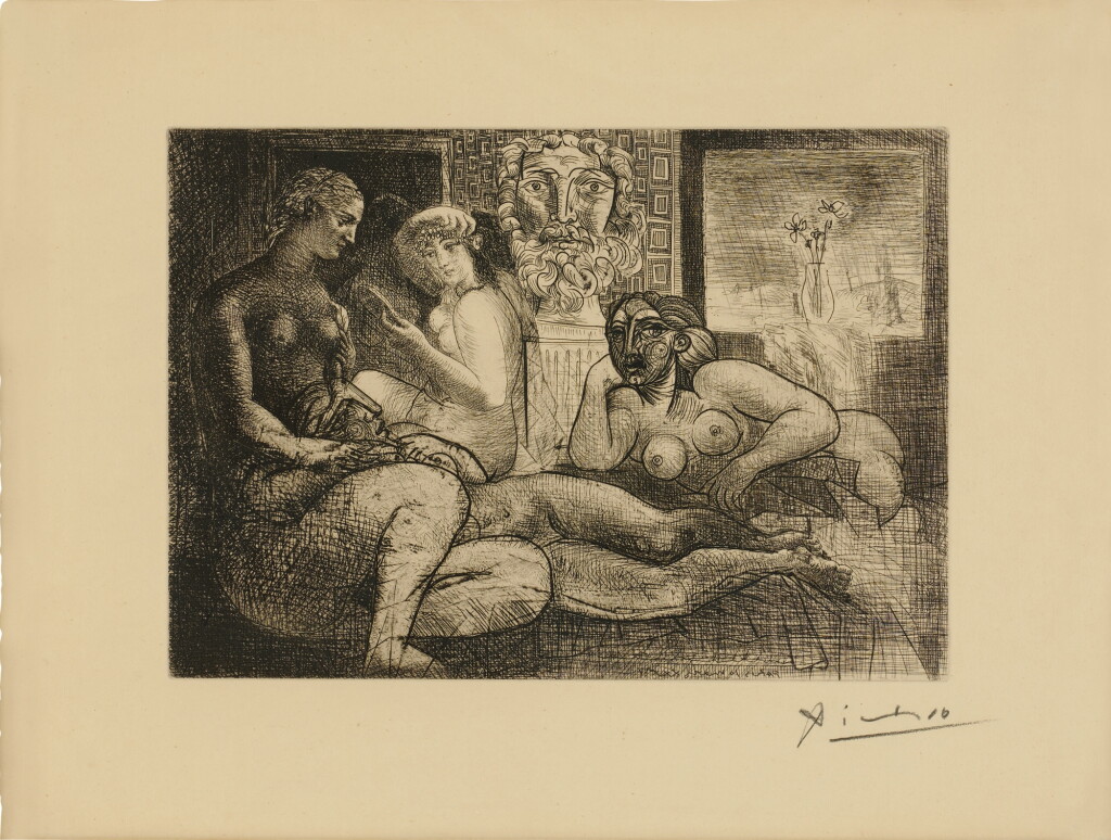 View full screen - View 1 of Lot 842. Quatre femmes nues et tête sculptée, from the Vollard suite (Bloch 219; Baer 424).