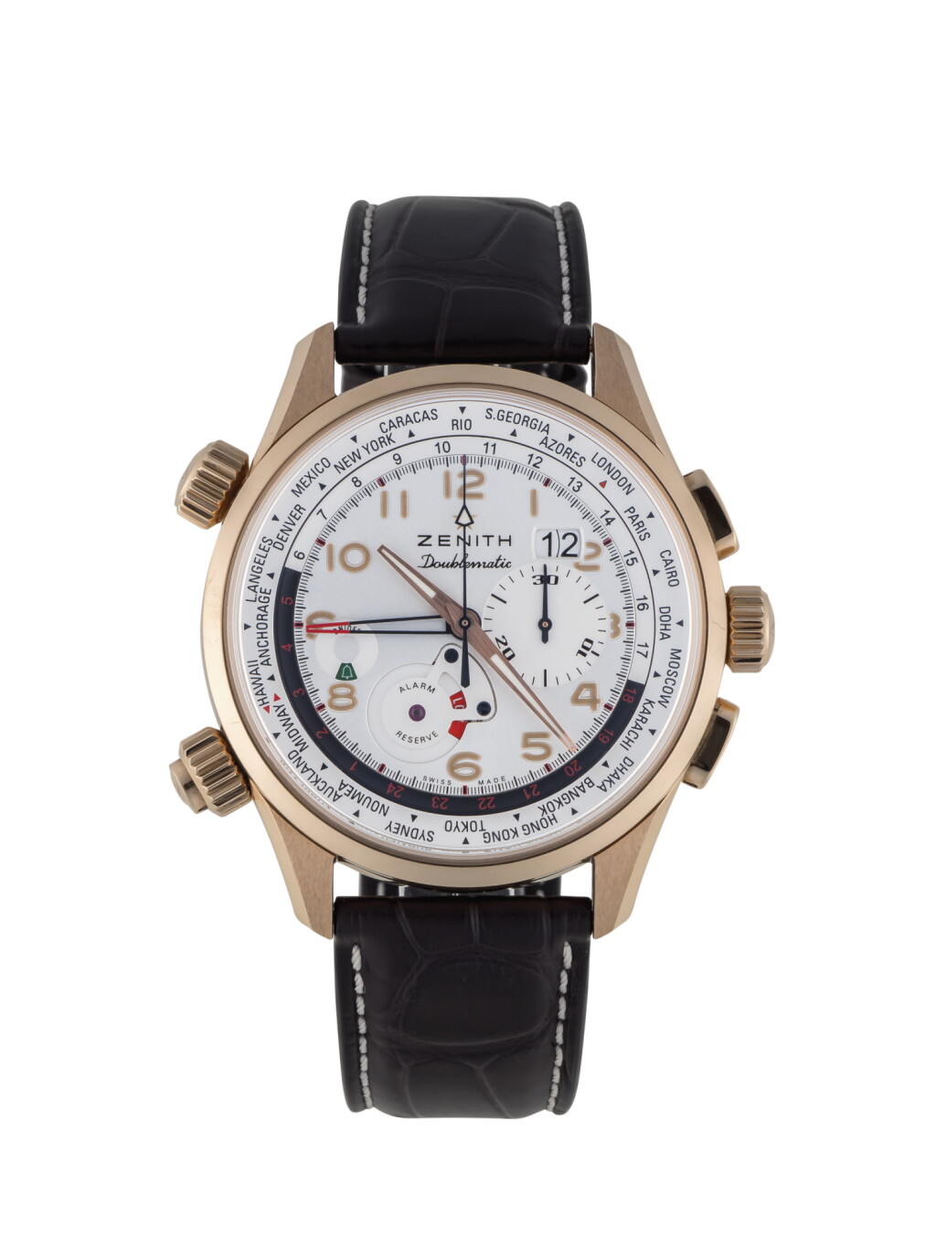 View full screen - View 1 of Lot 50. ZENITH | PILOT DOUBLEMATIC, REF 18.2400.4046 LIMITED EDITION PINK GOLD WORLD TIME CHRONOGRAPH WRISTWATCH WITH ALARM AND DATE CIRCA 2014.