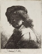 Self-Portrait in a Cap and Scarf with the Face Dark: Bust (Bartsch, Hollstein 17; New Hollstein 120; Hind 108)